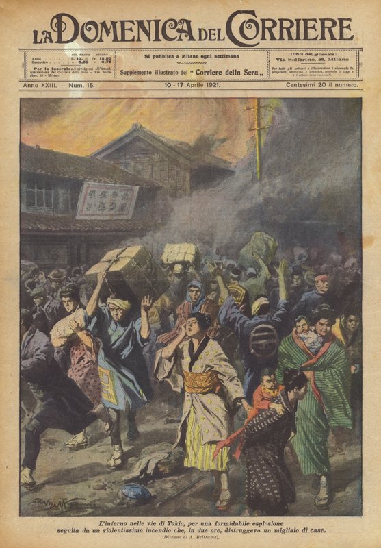 De hel in de straten van Tokio, door een formidabele explosie gevolgd door een hevige brand ? door Achille Beltrame