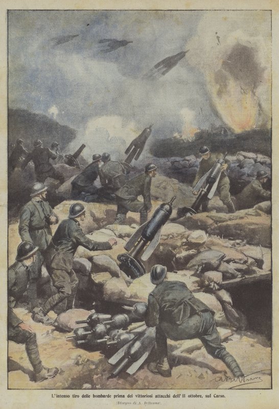 Het intense bombardement voor de succesvolle aanvallen van 11 oktober op de Karst door Achille Beltrame