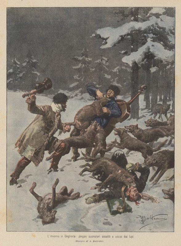 De winter in Hongarije, zigeunermuzikanten aangevallen en gedood door wolven door Achille Beltrame