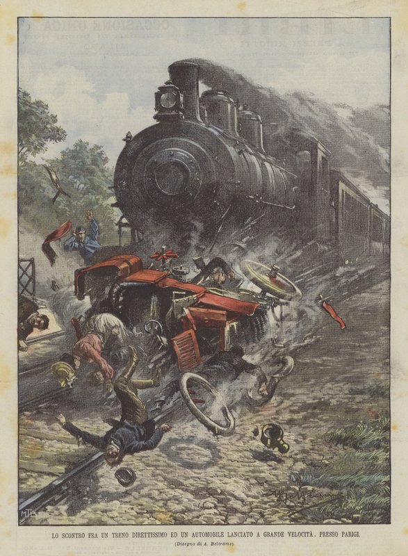 De botsing tussen een sneltrein en een auto die met hoge snelheid rijdt, bij Parijs door Achille Beltrame