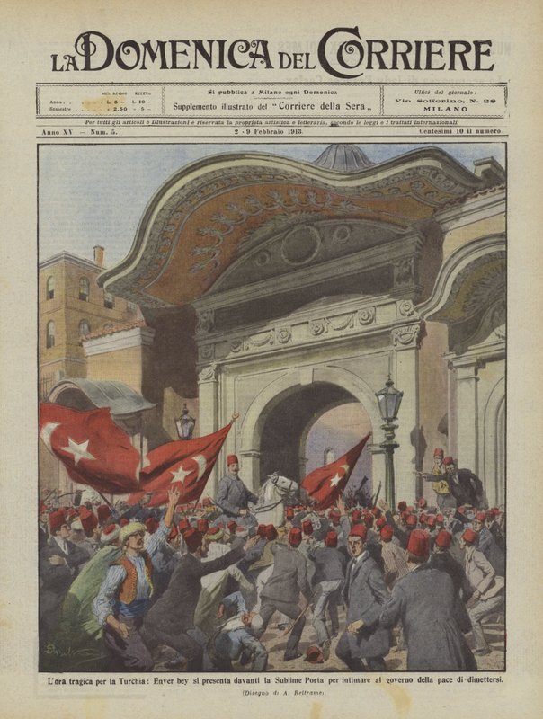 Het tragische uur voor Turkije, Enver Bey verschijnt voor de Sublime Porte om te intimideren door Achille Beltrame