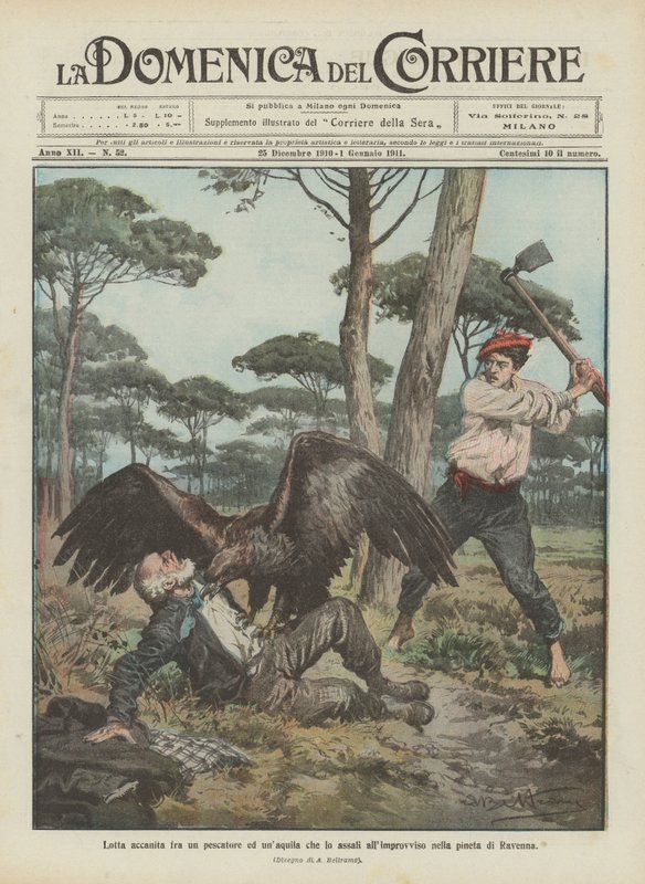 Hevige strijd tussen een visser en een adelaar die hem plotseling aanvalt in het dennenbos van Ravenna door Achille Beltrame