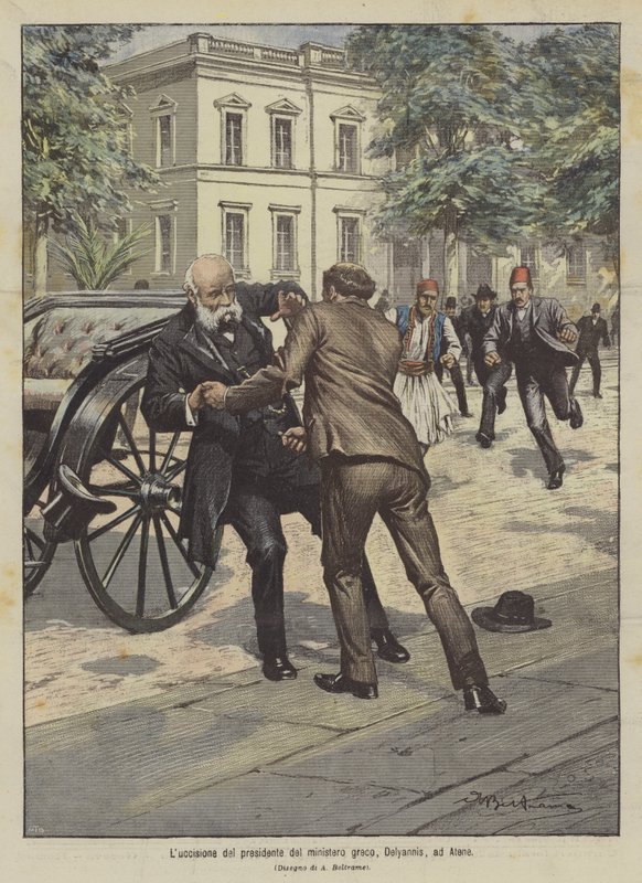 De moord op de president van de Griekse regering, Delyannis, in Athene door Achille Beltrame