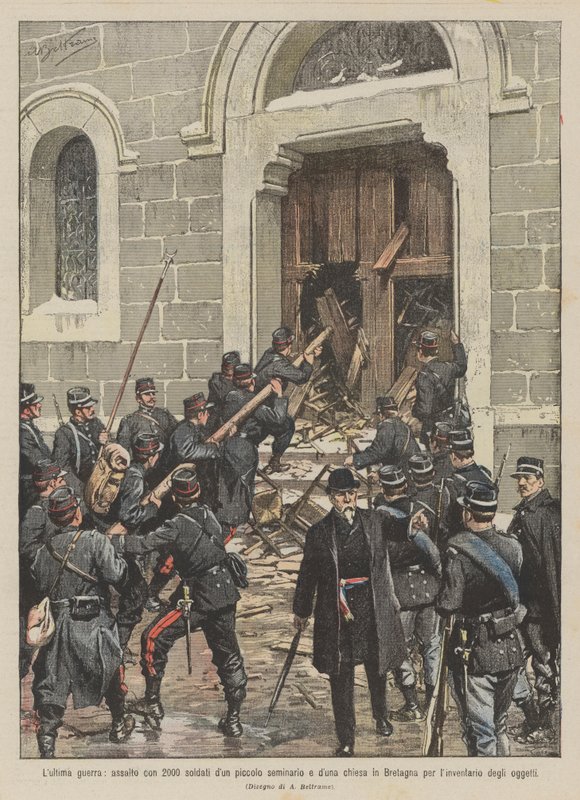 De laatste oorlog, aanval met 2000 soldaten op een klein seminarie en een kerk in Bretagne door Achille Beltrame