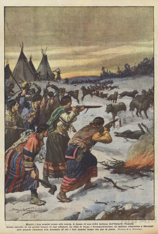 Terwijl hun mannen op jacht waren, werden de vrouwen van een Indiaanse stam in Ontario (Canada) ? door Achille Beltrame