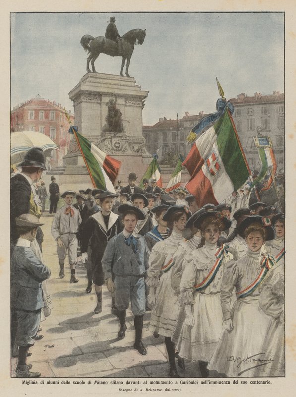 Duizenden leerlingen van Milaanse scholen marcheren voor het monument van Garibaldi door Achille Beltrame