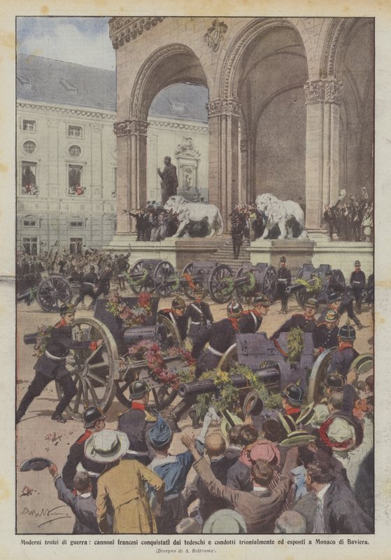 Moderne oorlogstrofeeën, door de Duitsers veroverde Franse kanonnen triomfantelijk meegevoerd door Achille Beltrame