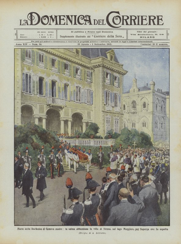 Dood van de hertogin van Genua, de moeder, het lichaam verlaat de villa van Stresa, aan het Lago Maggiore door Achille Beltrame
