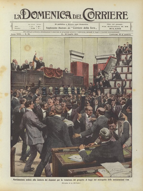 Bewogen zitting in de Kamer van Afgevaardigden voor de stemming over het wetsvoorstel inzake het monopolie door Achille Beltrame