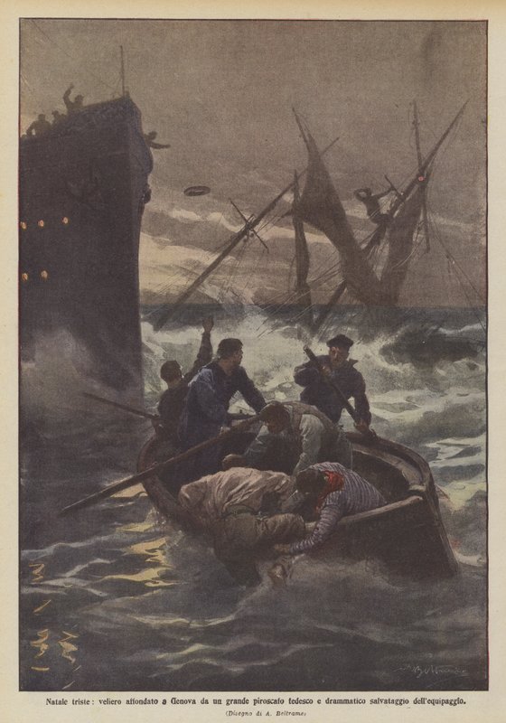Trieste kerst, zeilschip gezonken in Genua door een groot Duits stoomschip en dramatische redding van de bemanning door Achille Beltrame