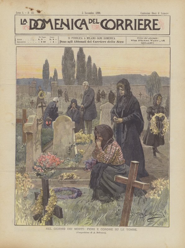Op Allerzielen, bloemen en kransen op de graven door Achille Beltrame