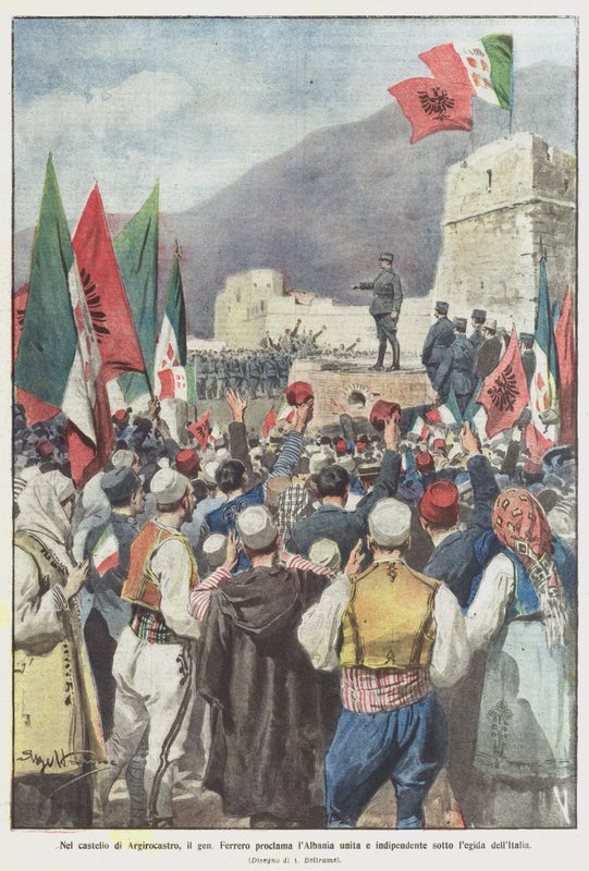 In het kasteel van Argirocastro, verklaart generaal Ferrero Albanië verenigd en onafhankelijk onder de bescherming van Italië door Achille Beltrame