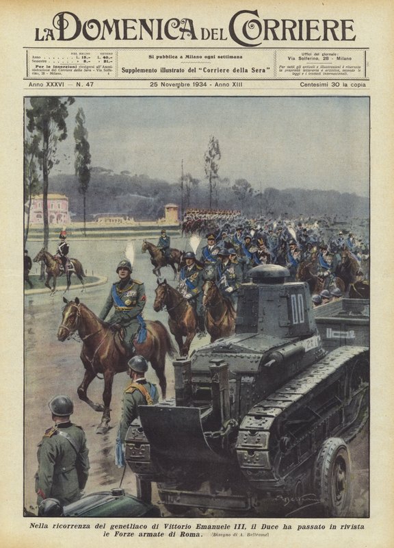 Ter gelegenheid van de verjaardag van Victor Emanuel III, inspecteerde de Duce de strijdkrachten van Rome door Achille Beltrame