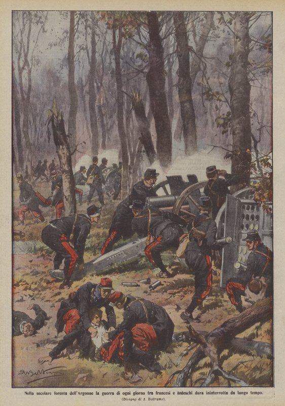 In het eeuwenoude bos van de Argonne, de dagelijkse oorlog tussen Fransen en Duitsers gaat door door Achille Beltrame
