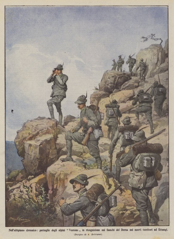 Op het Cyrenaïsche plateau, verkenningspatrouilles van de Vestone-alpini op de flanken van Derna door Achille Beltrame