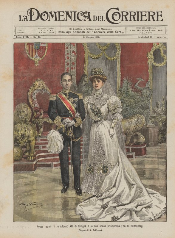 Koninklijk huwelijk, koning Alfonso XIII van Spanje en zijn bruid prinses Ena van Battenberg door Achille Beltrame