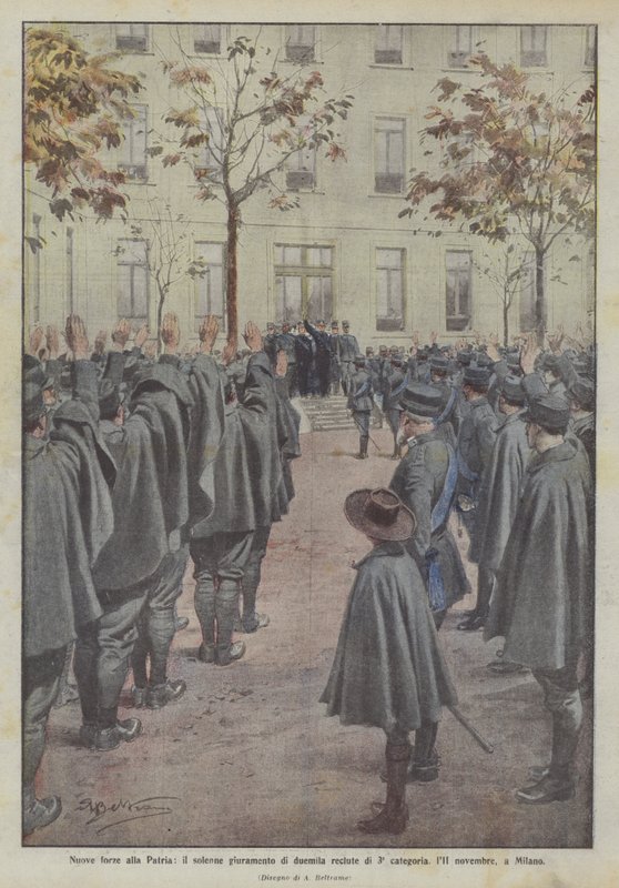 Nieuwe krachten voor het vaderland, de plechtige eed van tweeduizend rekruten van de 3e categorie, 11 november, in Milaan door Achille Beltrame