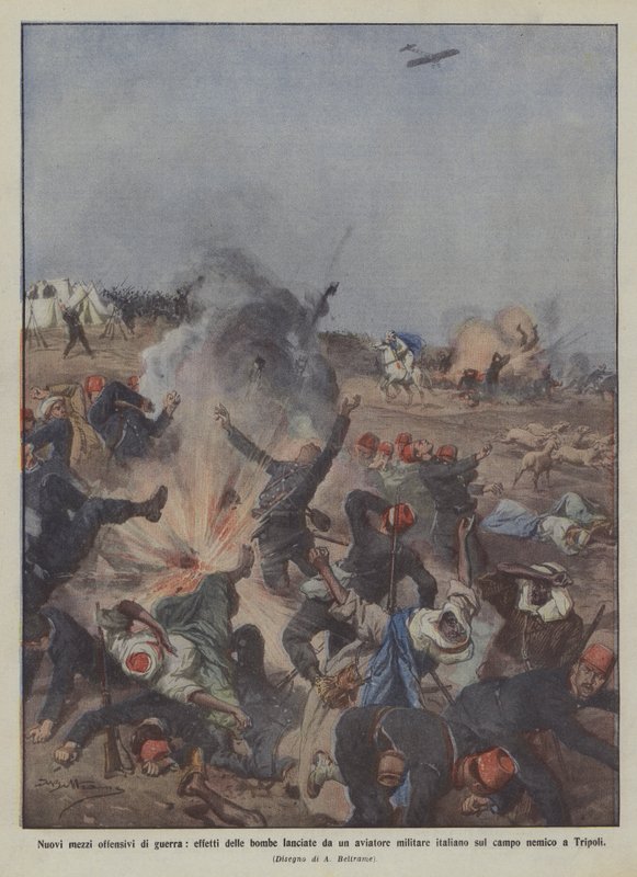 Nieuwe offensieve middelen van de oorlog, effecten van de bommen geworpen door een Italiaanse militaire piloot op door Achille Beltrame