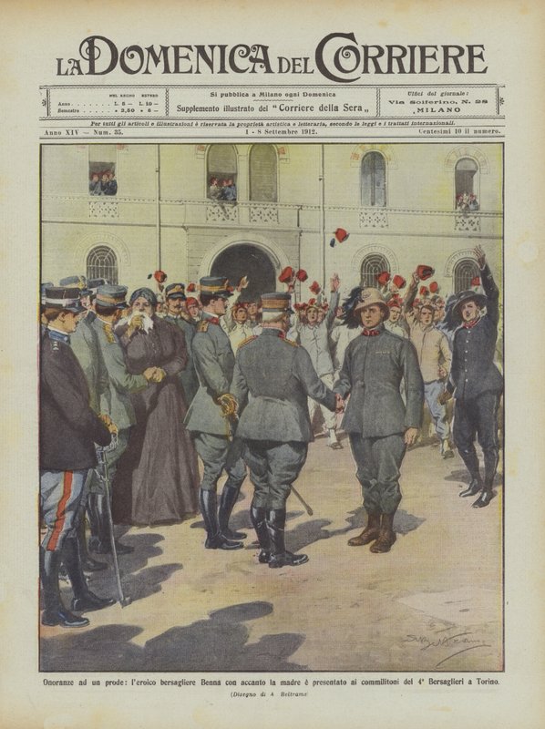 Eerbetoon aan een dappere, de heroïsche bersagliere Benna met zijn moeder naast hem wordt voorgesteld aan de kameraden door Achille Beltrame