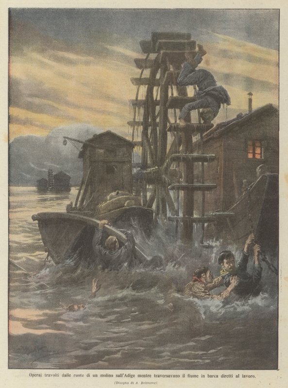 Arbeiders overreden door de wielen van een molen aan de Adige terwijl ze de rivier overstaken in een boot op weg naar hun werk door Achille Beltrame