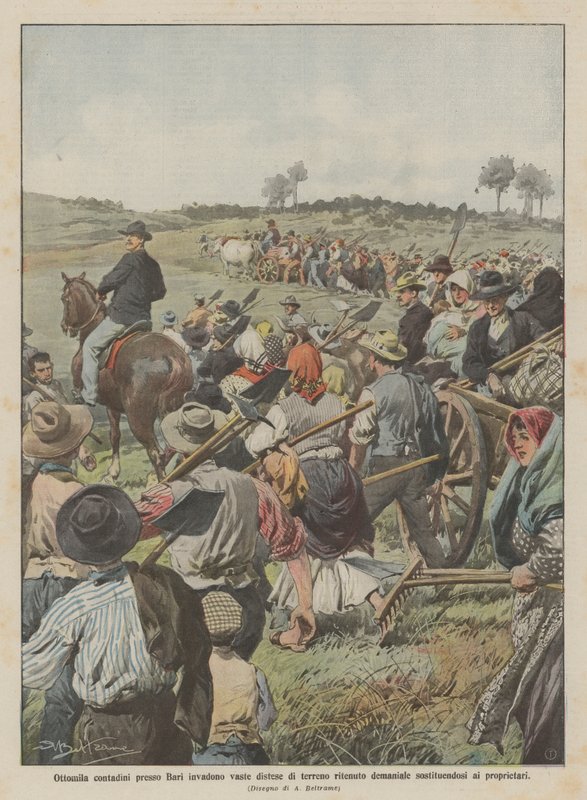 Achtduizend boeren bij Bari bezetten grote stukken land die als openbaar bezit worden beschouwd, vervangend de eigenaren door Achille Beltrame