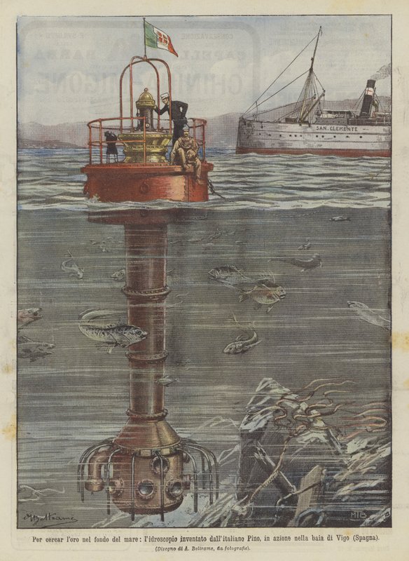 Om goud te zoeken op de zeebodem, de hydroscoop uitgevonden door de Italiaan Pino, in actie door Achille Beltrame