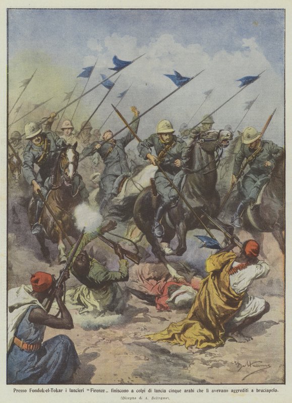 Bij Fonduk-el-Tokar maken de Firenze lansiers vijf Arabieren af die hen hadden ? door Achille Beltrame