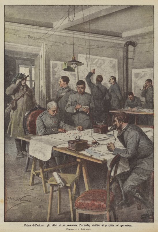 Voor de actie, de kantoren van een legercommando terwijl een operatie wordt voorbereid door Achille Beltrame