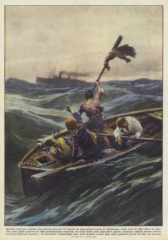 Vier Roemeense studenten, die van plan waren met een kleine boot van Constanza te vertrekken door Achille Beltrame