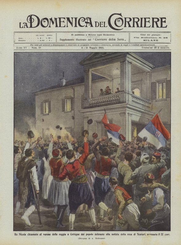 Koning Nicolaas geroepen naar het balkon van het paleis in Cetinje door het uitzinnige volk bij het nieuws van de overgave door Achille Beltrame