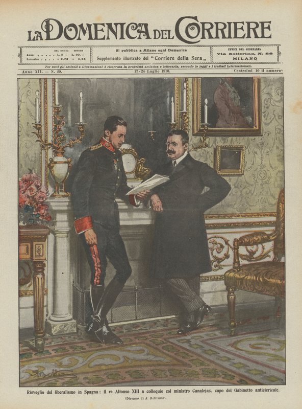 Heropleving van het liberalisme in Spanje, koning Alfonso XIII in gesprek met minister Canalejas door Achille Beltrame