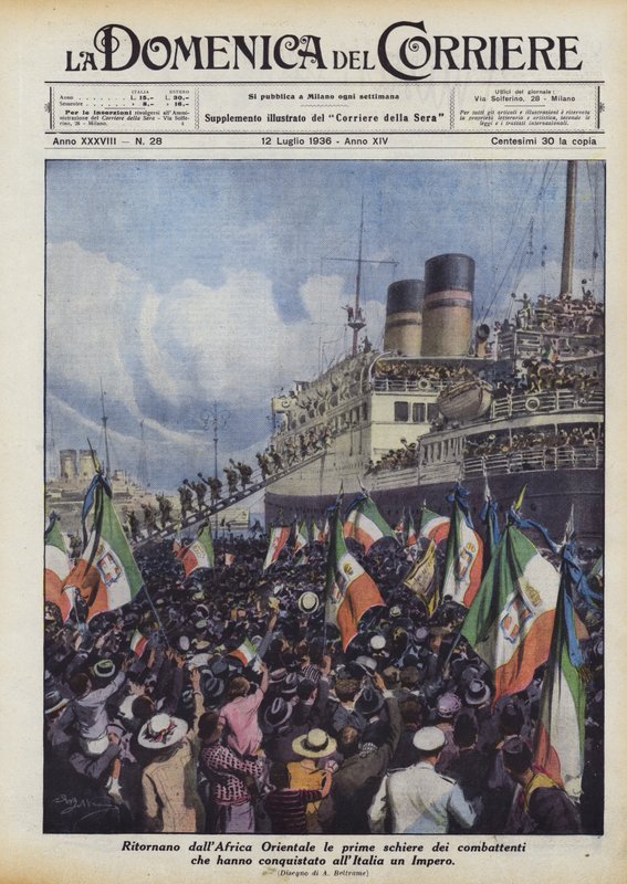 De eerste groepen strijders die een rijk voor Italië hebben veroverd, keren terug uit Oost-Afrika door Achille Beltrame