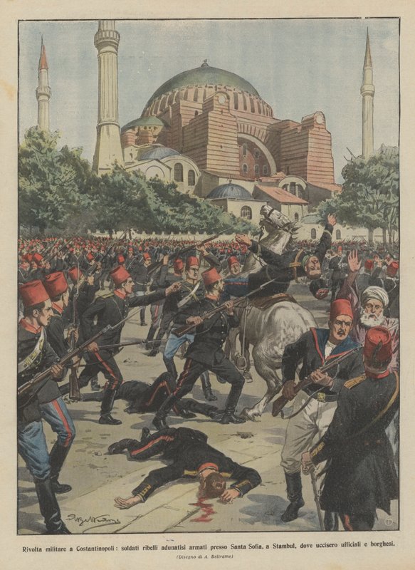 Militaire opstand in Constantinopel, rebellerende soldaten verzameld bij de Hagia Sophia in Istanbul door Achille Beltrame