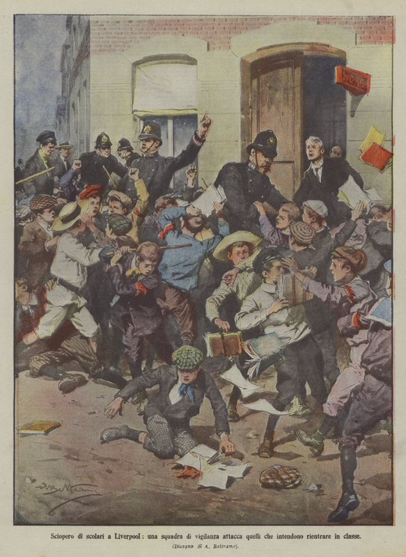 Staking van scholieren in Liverpool, een bewakingsploeg valt degenen aan die van plan zijn terug naar de klas te gaan door Achille Beltrame