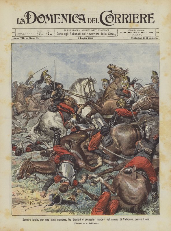 Fatale botsing, door een verkeerde manoeuvre, tussen Franse dragonders en kurassiers op het veld van Valbonne, bij Lyon door Achille Beltrame
