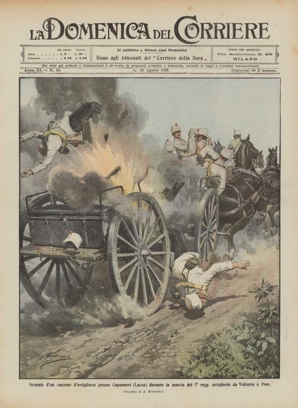Explosie van een artilleriekist bij Capannori (Lucca) tijdens de mars van het 7e regiment door Achille Beltrame