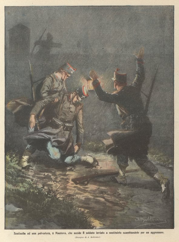 Wacht bij een kruitmagazijn, in Mantua, die de soldaat doodt die gestuurd was om hem af te lossen, denkend dat het een aanvaller was door Achille Beltrame