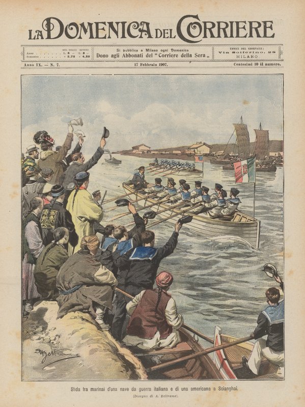 Uitdaging tussen matrozen van een Italiaans en een Amerikaans oorlogsschip in Shanghai door Achille Beltrame