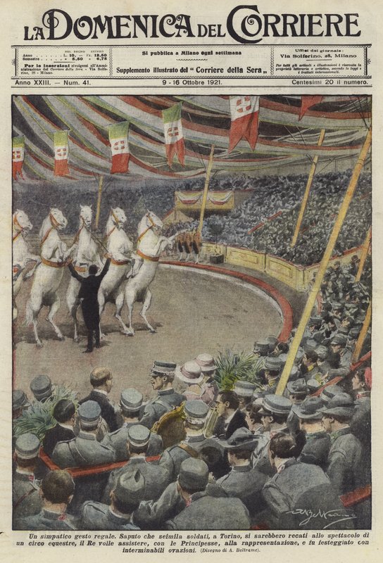 Soldaten kijken naar optredende paarden in een circus in Turijn door Achille Beltrame
