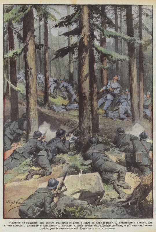 Verrast en omsingeld, gooit een van onze patrouilles zich op de grond en opent het vuur door Achille Beltrame
