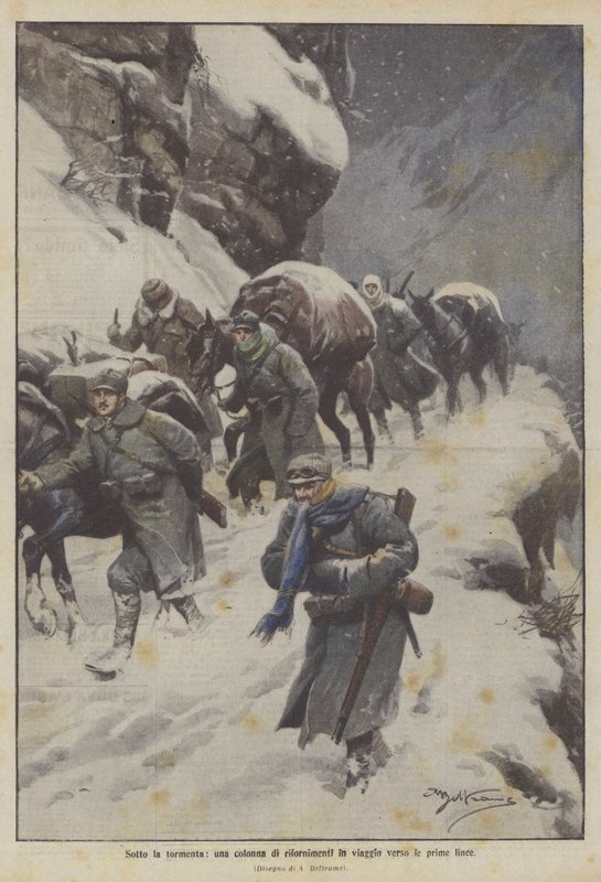 Onder de storm, een bevoorradingskolom op weg naar de frontlinie door Achille Beltrame