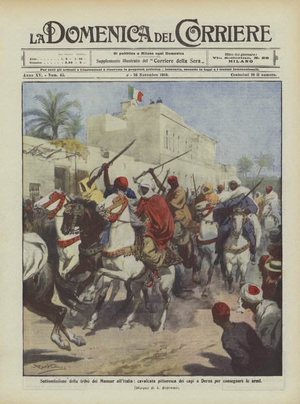 Onderwerping van de Mansur-stam aan Italië, kleurrijke rit van de leiders naar Derna om de wapens over te geven door Achille Beltrame