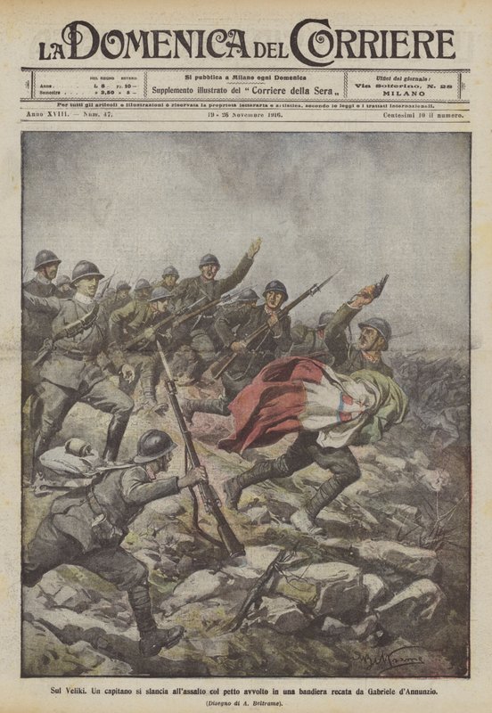 Op de Veliki, een kapitein stormt de aanval in met een vlag om zijn borst gewikkeld, gebracht door Gabriele d