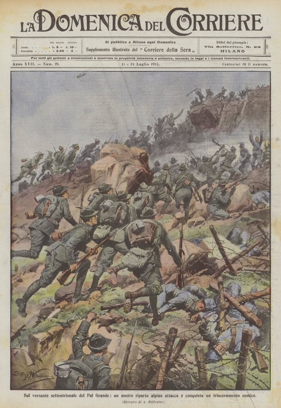 Aan de noordelijke helling van de Pal Grande, valt een van onze alpini-eenheden een vijandelijke loopgraaf aan en verovert deze door Achille Beltrame