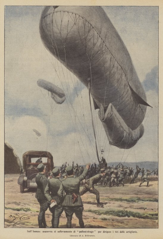 Aan de Isonzo, het hijsen van drakenballonnen om de artillerievuren te richten door Achille Beltrame