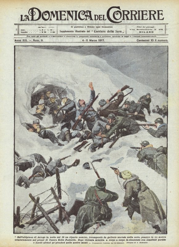 Op het plateau van Asiago, de nacht van de 19e, een vijandelijke eenheid stormt uit tunnels... door Achille Beltrame