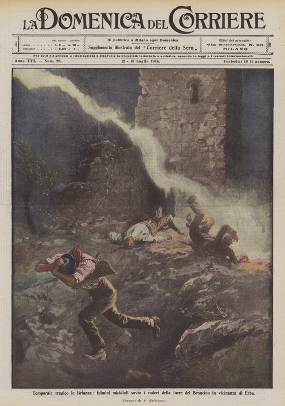 Tragische storm in Brianza, dodelijke bliksem op de ruïnes van de toren van Broncino nabij Erba door Achille Beltrame