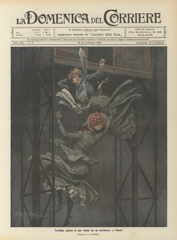 Vreselijke val van twee vrouwen uit een lift, in Napels door Achille Beltrame