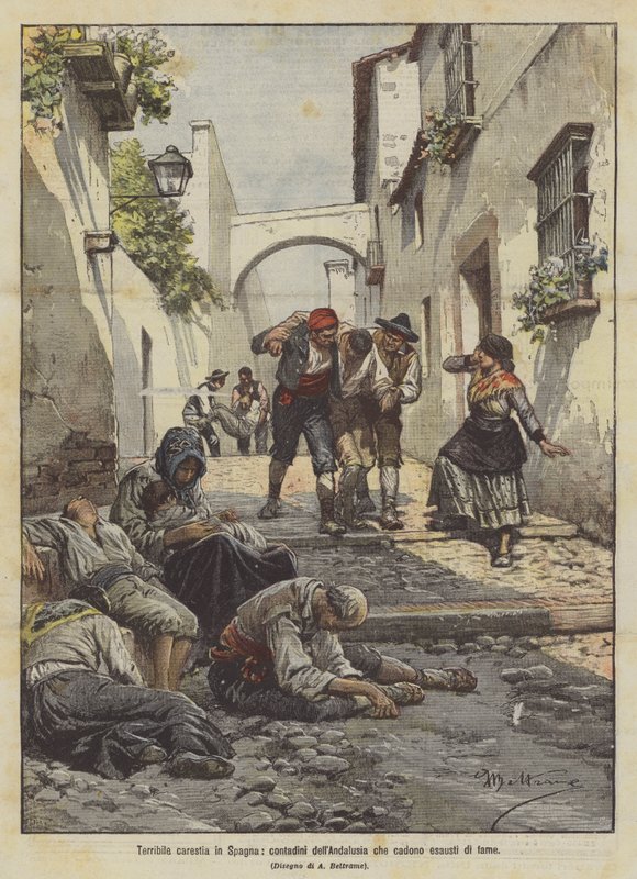 Vreselijke hongersnood in Spanje, boeren uit Andalusië die uitgeput van honger neervallen door Achille Beltrame