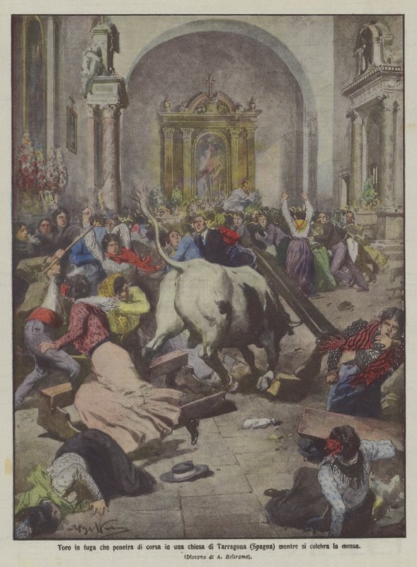 Op hol geslagen stier rent een kerk in Tarragona (Spanje) binnen tijdens de mis door Achille Beltrame
